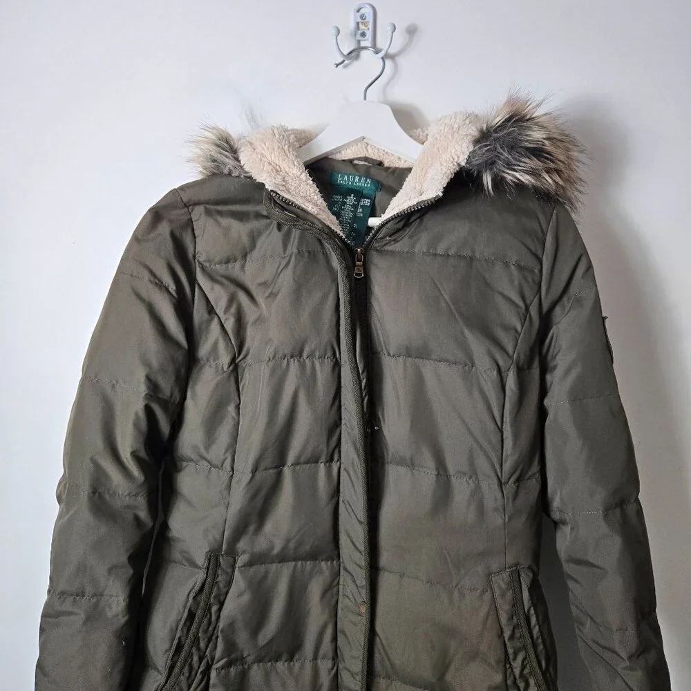 Lauren Ralph Lauren Size S Green Down Puffer Parka Coat Faux Fur Hood - Picture 2 of 16